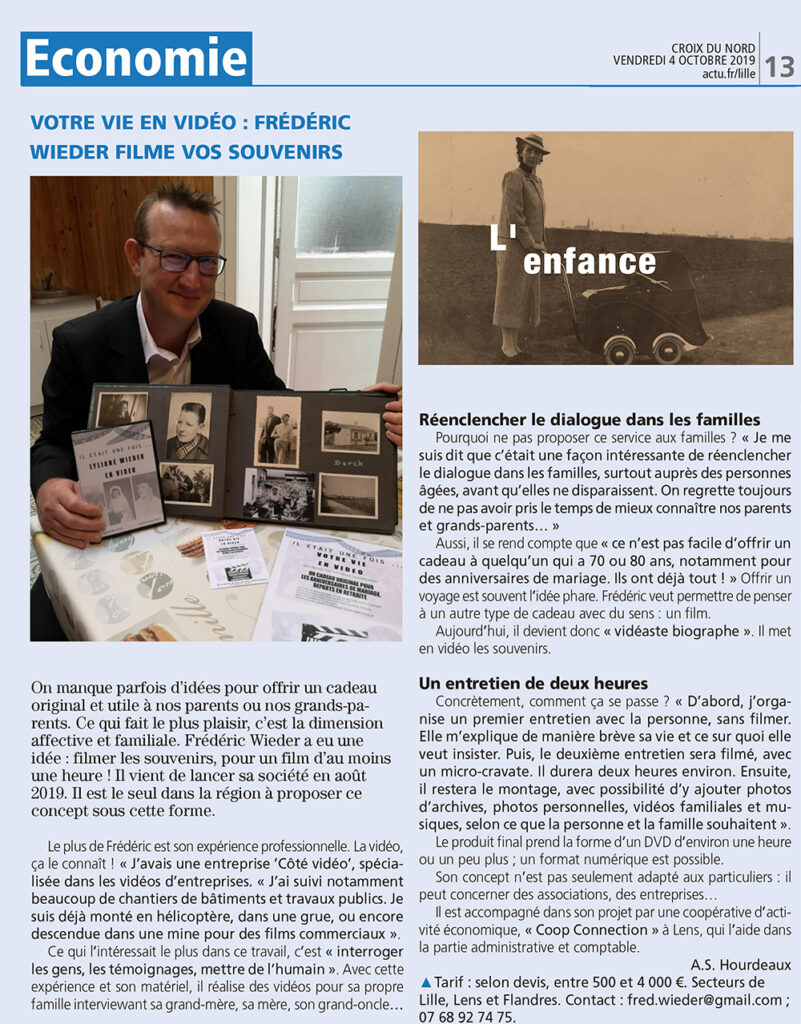 Article de La Croix du Nord du 4 octobre 2019 consacré à Frédéric Wieder, vidéaste biographe dans le Nord