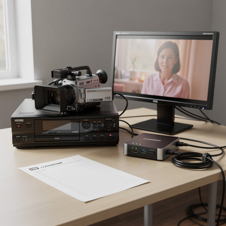 Caméscope Hi8 et magnétoscope professionnel reliés à un écran dans le studio de numérisation 3Vmovie.
