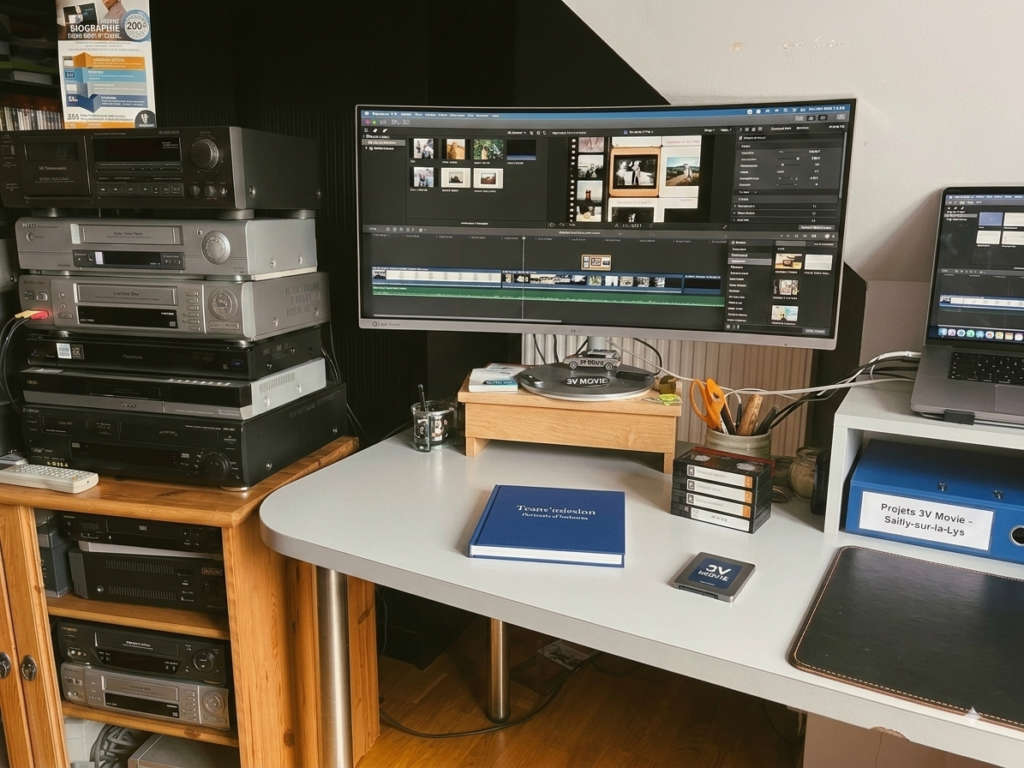 Poste de montage vidéo professionnel avec logiciel ouvert, écran large et magnétoscopes au studio 3Vmovie.