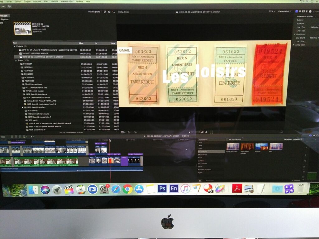 Interface du logiciel de montage vidéo Final Cut Pro affichant des séquences de films de famille numérisés