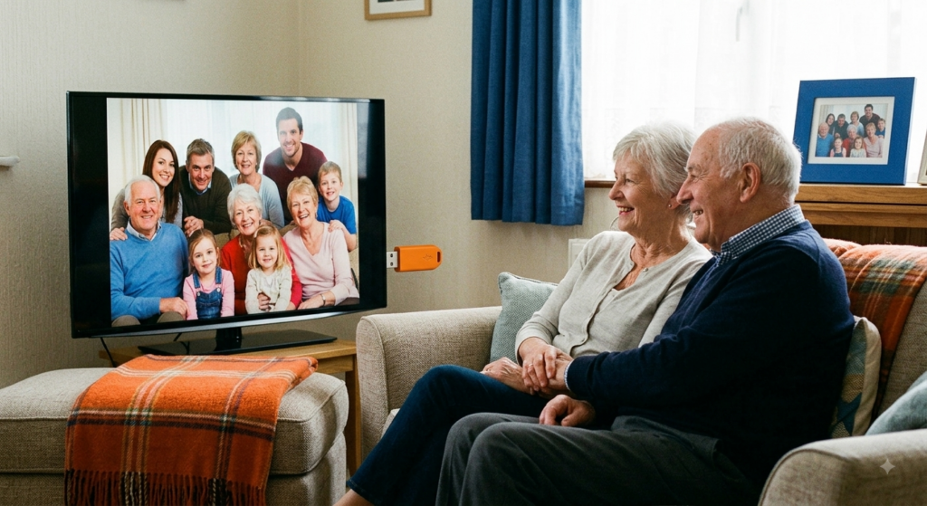 Grands-parents regardant des souvenirs de famille numérisés sur leur télévision