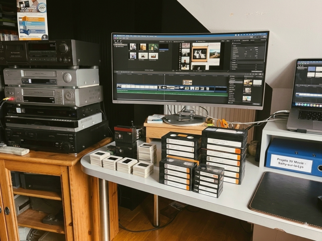 Anciennes cassettes audio, diapositives et supports photographiques destinés à la numérisation