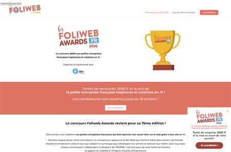 Capture d'écran du concours Foliweb Awards 2026 présentant la candidature du site 3vmovie.fr, studio de numérisation de cassettes vidéo à Sailly-sur-la-Lys.