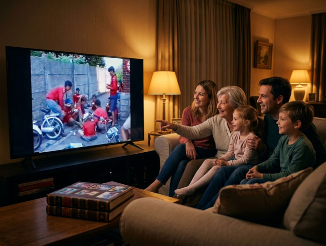 Famille réunie dans un salon regardant une ancienne vidéo de vacances numérisée sur grand écran de télévision.